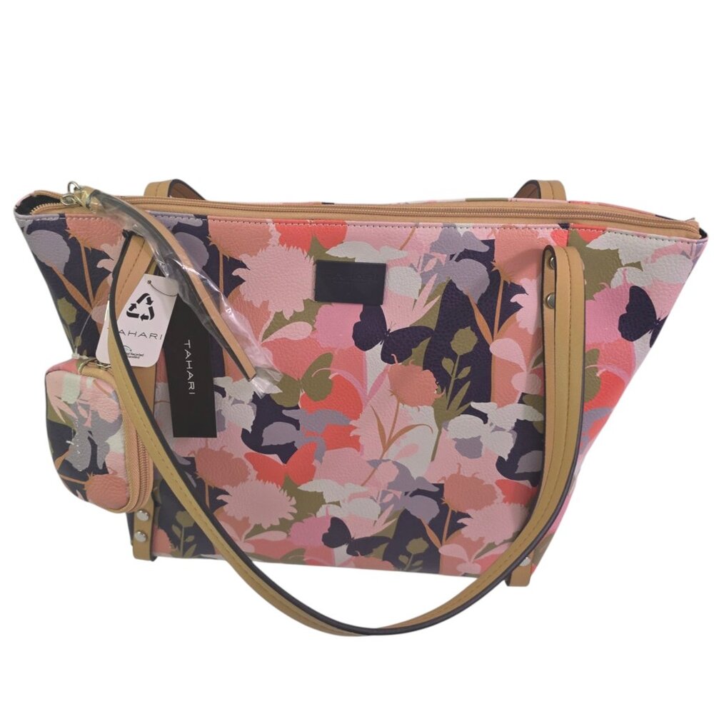 Tahari Mackenzie Vegan Leather Zipper Close Floral Butterfly Tote Bag Purse NWT - Picture 2 of 15